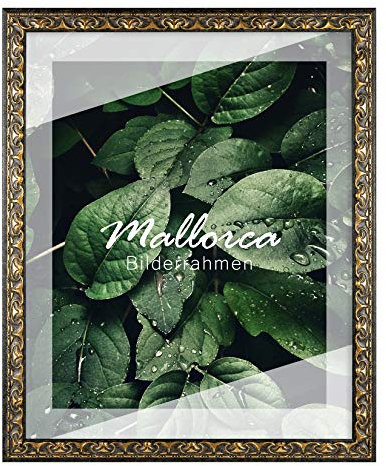 Holz Bilderrahmen Mallorca 80x120 cm in Schwarz Gold mit Antireflex-Kunstglasscheibe