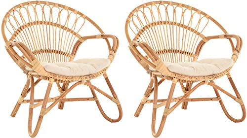 Krines Home 2er Set Korbsessel mediterran Lounge Rattansessel Natur Rattan Korbstuhl mit Armlehnen Wintergarten (Tropic)