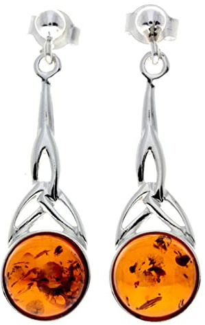Äkta rund baltisk bärnsten och 925 sterling silver hängande örhängen i keltisk stil - 5447, Amber,