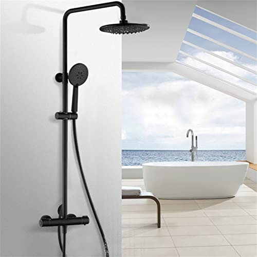 BJTDLLX Duschsystem Duscharmatur mit Thermostat, Hochdruck Duschkopf, Regendusche Höhenverstellbar Duschsäule Schwarz mit Anti-Verbrühungs-Duschsystem