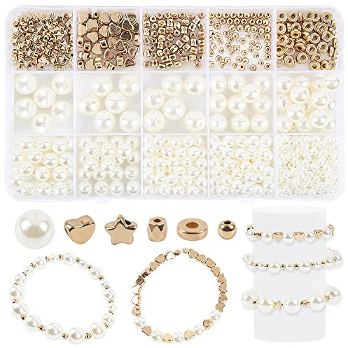 Lifreer 750-teiliges perlen für armbänder-Set, 4/6/8/10/12 mm perlen weiß mit runden Herzstern-CCB-Perlen, süßwasserperlen zum auffädeln für Kleidung, DIY-Geldbörsen, Mobiltelefone