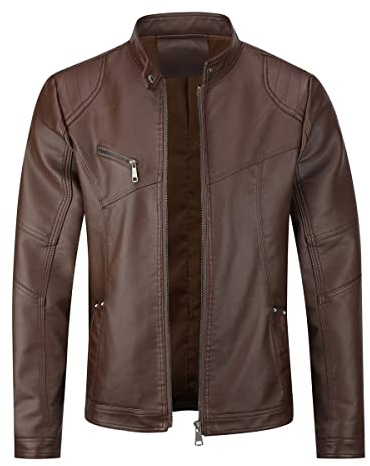 Sliktaa Giacca da uomo in ecopelle con colletto alto, parte superiore di transizione, casual, per moto, piloti, chiusura lampo, casual, classico, giacca di pelle #PY08 marrone, XXL