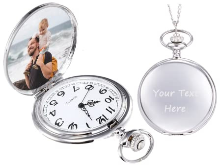 Montre de Poche Personnalisée à Quartz Vintage avec Texte et Photo - Chaîne - Cadeau pour Homme Papa Mari