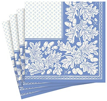 Cocktail-Servietten, Eichenblätter und Eicheln, Leinen, französisches Blau und Weiß, 15 Stück pro Packung