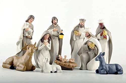 DurableDelights Nativity Set Small Figurines 10 Pcs, Christmas Scene Set - Including Baby Jesus, Maria, and Joseph - Christmas Decorations, Resin White. | Hand-Painted Figures For Mantels, Shelves, Fireplaces And Holiday Displays