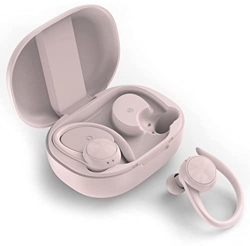 Xmenha Kabellose Kopfhörer mit Ohrhaken wasserdichte Sportkopfhörer Bluetooth Noise Cancelling Ohrhörer mit Ohrbügel Mikrofon Laufen Sport Gym Headphones LED Leistungsanzeige für Android iPhone Rosa