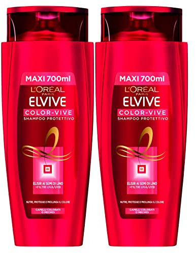 L'Oréal Paris Elvive Color-Vive Shampoo Protettivo per Capelli Colorati o con Mèches con Filtri Raggi UVA/UVB Esalta Luminosità Colore - 2 Flaconi da 700ml