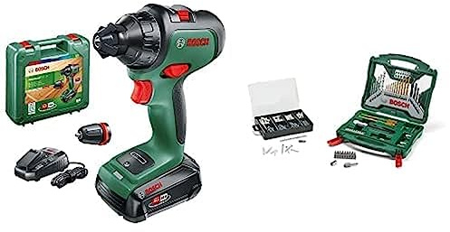 Bosch Akkubohrschrauber AdvancedDrill 18 (mit Akku, 18 Volt System, im Koffer) + Zubehörset X-Line 50Ti plus 173-teiliges Fixier-Set (für Metall, Stein, Holz, Zubehör Bohrmaschine)