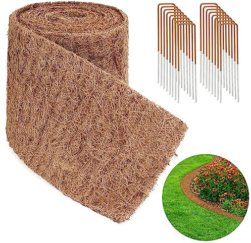 Natural Mulch for Landscaping 120 X 6.3, Coconut Fiber Mulch Mat Roll with 16 U-Shaped Steel Stakes, Garden Edging Border Mat Natural Looking Permanent Mulch Barrier for Plants Vegetables & Flowers