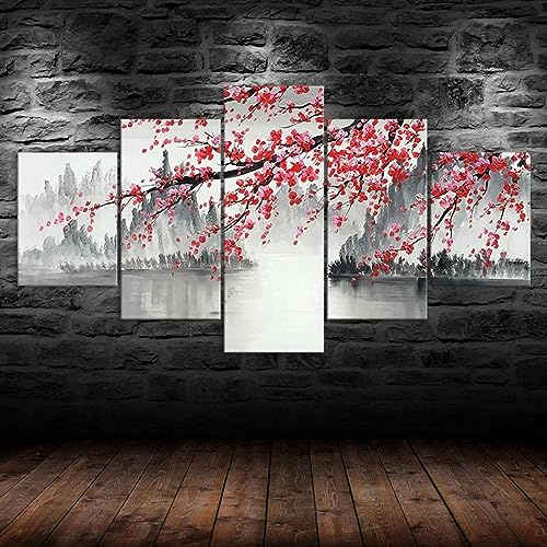 WAGYU Tableau Multi Panneau 5 Parties Paysage de Sakura Chinois Tableau Imprimé sur Toile, Tableau Décor Mural, Tableaux, Posters et Arts Décoratifs, 5 Pièces HD Print, 125x60cm