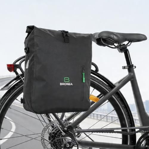 Bronea 3-i-1 cykelväska vattentät – 28 l – kombiryggsäck och axelväska – bagagehållarväska för cykel – WaterBlock-material – integrerad laptopväska – snabbmontering på bagagehållare