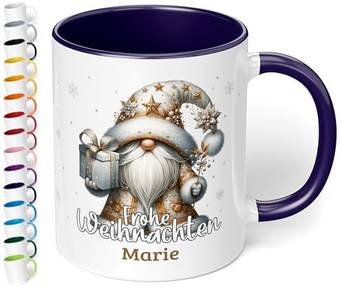 True Statements Weihnachtstasse mit Namen „Frohe Weihnachten!“ - mit Silber-Gold Wichtel-Motiv - 330ml - personalisierter Keramik Kaffeebecher – Geschenk zu Weihnachten (Kobaltblau)