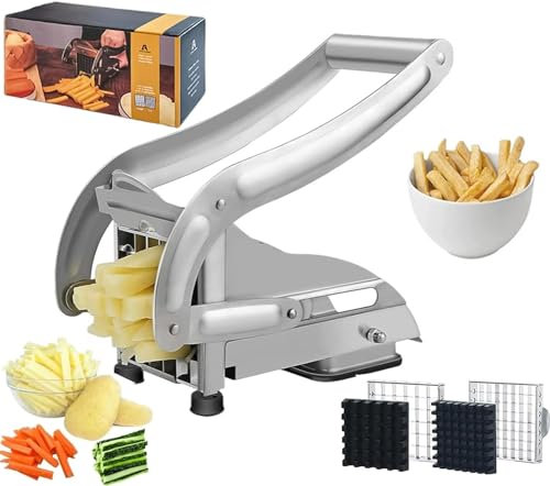 Chip Cutter,French Fry Cutter, Stainless Steel Potato Cutter, Potato Slicer, Includes 2 Blade Size Cutter Options and No-Slip Suction Base