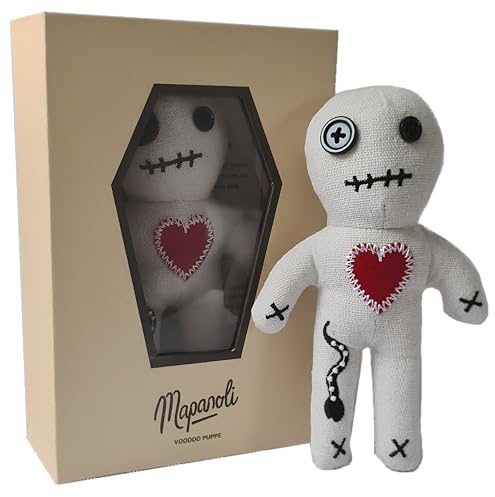 Mapanoli Voodoo Puppe (Weiß) – Deko- und Scherzartikel für Erwachsene | Mit Nadeln, Sargbox & Anleitung | Handgefertigt, 16 cm