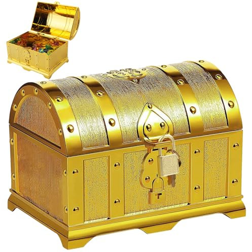 BouGPeng Schatztruhe Goldmünzen Edelstein Schatzkiste Set Schatztruhe Kindergeburtstag Kleine Schatztruhen mit Schloss und Deckel für Geburtstagsgeschenke Kindergeschenk(14x11x10cm)