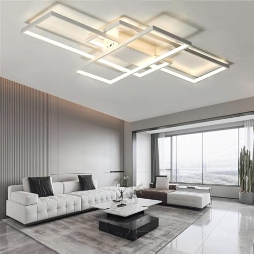 ASJK LED Deckenlampe Schwarz 82W Modern Wohnzimmerlampe Decke mit Fernbedienung, 3000k-6000k Geometrisch Multifunktional Deckenbeleuchtung für Wohnzimmer （105cm，Weiß）
