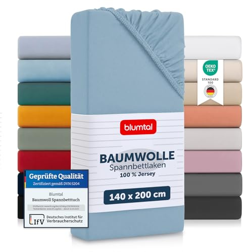 Blumtal® Basics Spannbettlaken 140x200x30cmJersey - Bettlaken aus 100% Baumwolle - Oeko-TEX zertifiziertes Spannbetttuch 140x200cm - Dusk Blue