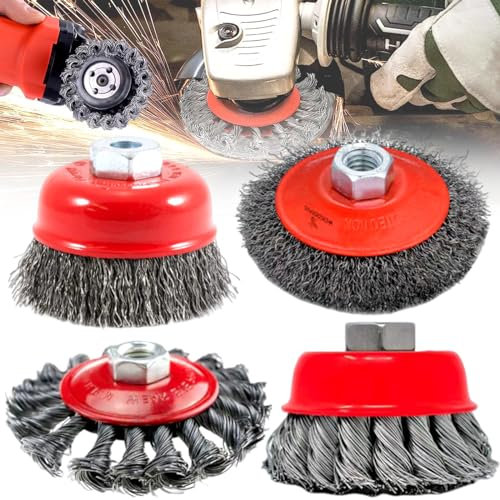 Mikqky 4 Stück Drahtbürste Bohrmaschine Set, Kegelbürste Für Reinigung, Topfbürste Für Winkelschleifer, Drahtbürste Akkuschrauber, Stahlbürste Akkuschrauber, Für Reinigungs-Und Schleifarbeiten(M14)