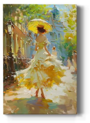 Renditions Gallery Canvas Wall Art Woman in Gorgeous Dress Walking down the Street Holding Umbrella Wall Hanging Prints for Bedroom Office Home Decor - 18 X 27 LT565