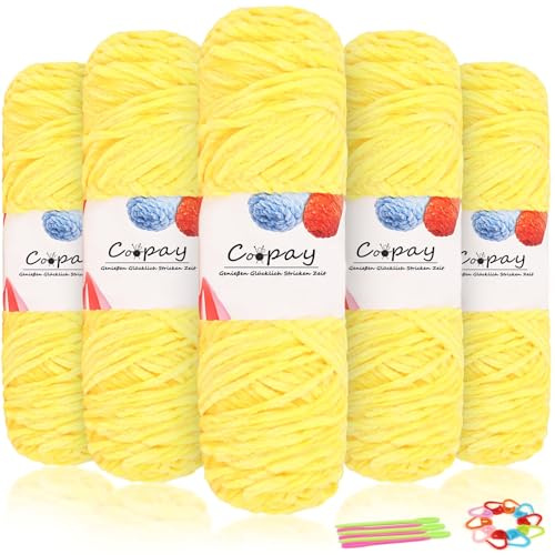 Coopay Lana Chenilla Aterciopelada, 500g (5 x 100g), Ovillo de Lana para Tejer Suave, Grosor de 3mm, Súper Esponjoso Hilo Chenilla Para Crochet Tejido Bufanda, Manta, Calcetines - Amarillo Caliente