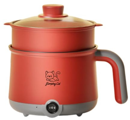 MagiDeal électrique Cuisinière électrique avec cuiseur vapeur Cuiseur à nouilles portable domestique Cuiseur à ramen 1,8 L pour steak, œufs, nouilles, Gris Rouge