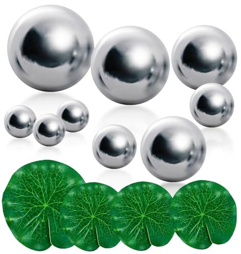 Ericrise 9 Pcs Bolas de Jardín de Espejo con 4 Hojas de Loto Flotantes, 20-100mm, Acero Inoxidable Plateado, Decoración para Estanques, Fuentes y Jardines