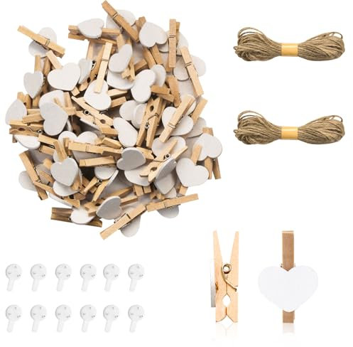 Andiker Mini mollette in legno naturale con 10 m di corda di iuta non trace, ganci decorativi per feste di matrimonio, porta foto, decorazione per biglietti di artigianato, 100 pezzi, colore bianco