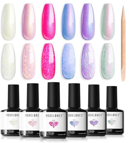 Modelones Pearl Gel Nail Polish, 6 Colors Pink, Purple, Blue, Green Mermaid Nail Drawing Gel Polish Set with Dotting Pen, 28 Days Long Lasting, Salon Quality, Healthy & Low Odor, DIY Manicure Gifts