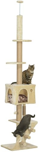 PawHut Árbol para Gatos de Suelo a Techo de 225-265 cm Árbol Rascador para Gatos con Altura Ajustable Múltiples Plataformas Escalera Bola Colgante Beige