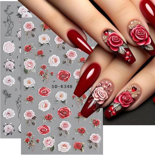 5D Geprägte Rose Nail Sticker Nagelsticker Valentinstag Nagelaufkleber Rosen Nagelfolie Selbstklebend Nagel Sticker Blumen Nageldesign Aufkleber Nägel Zubehör Valentines Flower Nail Art Stickers