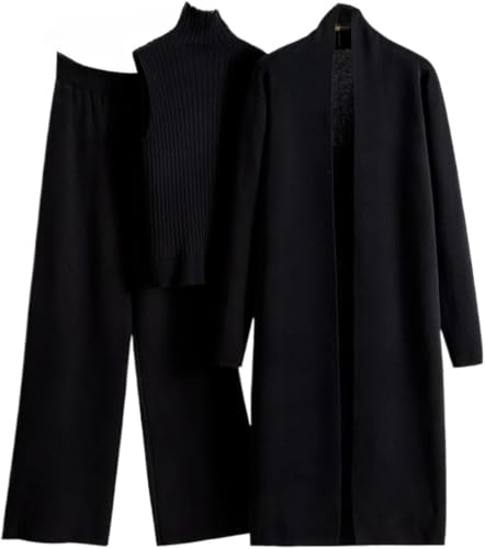 WANAHTON Damen 3 Stück Strickanzug mit Strickhose Pullover und damen-strickjacke outfit damen set elegant，strickhose cozy knit set 3-teilig ，lounge wear women set
