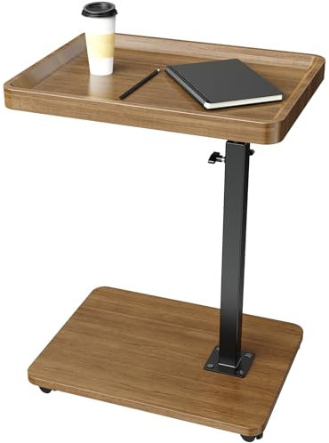 Lnopever Adjustable Side Table C Shaped Side Table with Wheels ＆ 360° Swivel Tray, Swivel Side Tables for Living Room, Swivel Sofa Table C Table for Small Spaces & Bedroom (Walnut)