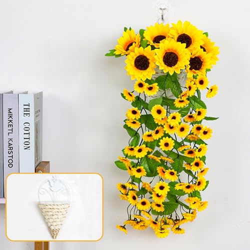 Lxoraziy Artificial Sunflower Vine with Triangle Basket, 88 Flowers, 66cm, Hanging Sunflower Garland, Artificial Hanging Plants for Wall Decor, Balcony, Living Room, Garden