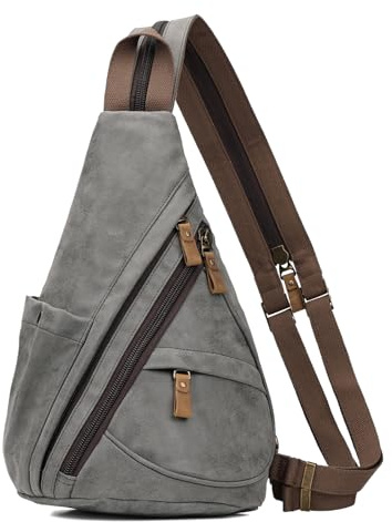 KL928 Casual PU Vintage Rucksäcke, Echtleder Retro Segeltuch Rucksack Daypack Crossbody Shoulder Schulterrucksack für Herren und Damen, Dunkelgrau