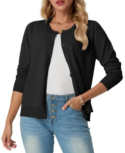 GRECERELLE - Giacca da donna estiva a maniche lunghe leggera, cardigan sottile elegante con scollo tondo, giacca in maglia casual, classico cappotto in maglia con bottoni, Nero , S