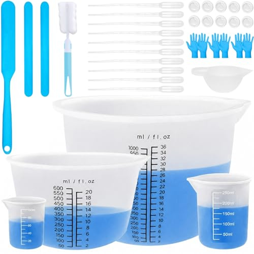 CoKeeSun Vaso medidor de silicona de resina epoxi, vasos de silicona reutilizables, palitos de silicona, cepillos, vasos dosificadores, pipetas, guantes para bricolaje, hechos a mano, moldes de
