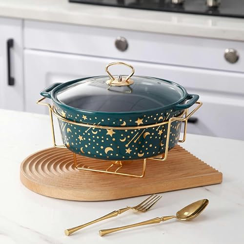 SdaryWare Round Chafing Dish Buffet Set Ceramics Food Warmer WGlass Lid, and Buffet Warmer Set for Weddings Parties Banquets Events,Green-M