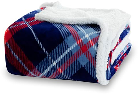 Winthome Manta Gruesa Cálida, Plaid Sofa Cama Suave y Esponjosa, Mantas Polar Sherpa con Diseño de Doble Capa, Cobijas de Invierno para Niños Adultos, Blanket Navidad (Cuadros Azules, 220x240cm)