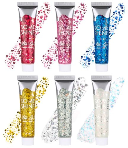 AYBUY 6 Purpurina Cara Gel, 18g Festival Gel Purpurina Liquida Corporal,Gel Chunky Glitter Corporal para Carnaval, Festival, Mascarada y Maquillaje de Fiesta (Azul+Rosa+Plata+Blanco+Oro+Rojo Rosa)