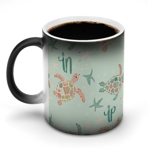 FZMVSQH Tazza da caffè magica con motivo tartaruga blu, tazze personalizzate che cambiano colore, sensibili al calore, tazze da caffè con manico, 325 ml, tazza divertente in ceramica per tè/latte