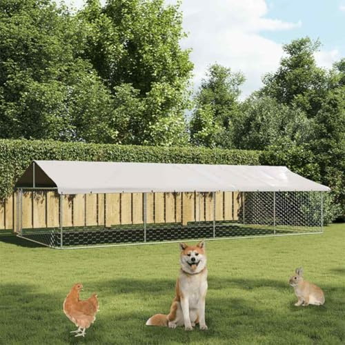 Outdoor-Hundezwinger mit Dach, 600x300x150 cm, großer, verzinkter Stahl Welpen-Laufstall für Hunde, sicherer Auslauf mit UV-Schutz