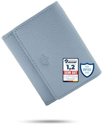 Baur Damen Geldbörse klein – Echtes Leder mit RFID-Schutz – Kleines Portemonnaie mit 6 Kartenfächern – Druckknopfverschluss und Münzfach mit goldenem Reißverschluss (Tauben-Blau)