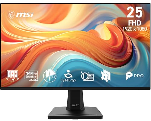 MSI PRO MP251 E14L 24.5-Inch FHD 1920x1080, Computer Monitor IPS, 144Hz, 1ms, Adaptive-Sync, Eye care, HDMI 1.4b, Frame-less, Tilt Adjustable, Vesa Mount, Black