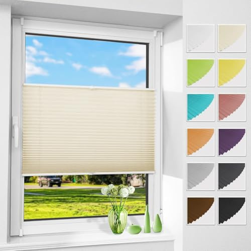 Allesin Plissee ohne Bohren Plissees Klemmfix Beige 115x120cm(BxH), Plisseerollo Faltrollo mit Klemmträger, Jalousie Rollos für Fenster und Tür, Sichtschutz und Sonnenschutz