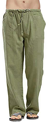 Vanvene - Pantaloni da uomo in lino, stile casual, vestibilità larga, elastico in vita con coulisse, pantaloni a gamba dritta per yoga, spiaggia Verde XXL