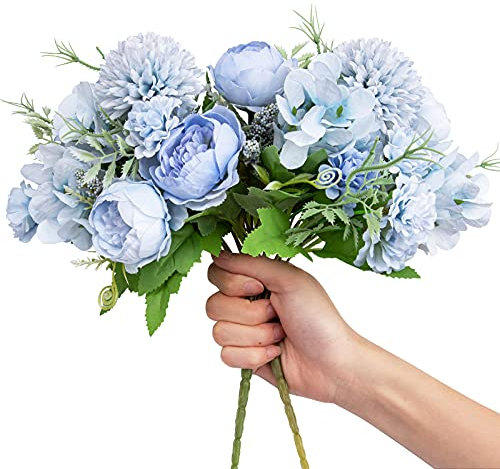 Artificial Flowers, 2 Pack Fake Peony Silk Light Blue Hydrangea Bouquet Decor Plastic Carnations Daisy Realistic Flower Arrangements Wedding Decoration Table Centerpieces, for Home Office Party Decor
