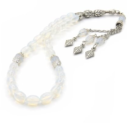 Perlin Tesbih Gebetskette Tasbih Misbaha Mondstein Oval 8x6 mm 27 cm Osmanisch Stil Islamischer Rosenkranz Handgemacht 33 Perlen Geschenk Muslim