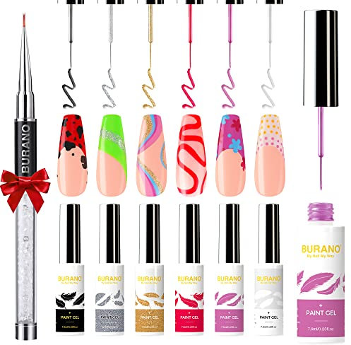 BURANO Smalto Semipermanente Verniciato, 6 Colori con Pennello Unghie Liner Gel Vernice Neon Disegno per Linea Nail Art, Gel Pittura Nails Art Design