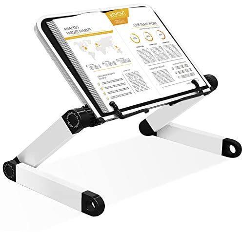 Extra Large Ergonomic Adjustable Cookbook Holder - Foldable and Portable Book Stand With Flexible Paper Clips - Perfect for Reading in Bed