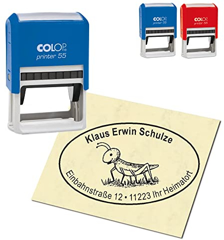 Adressstempel personalisiert Stempel - niedlicher Grashüpfer - oval 59 x 39 mm Automatikstempel als Firmenstempel Namensstempel Bürostempel